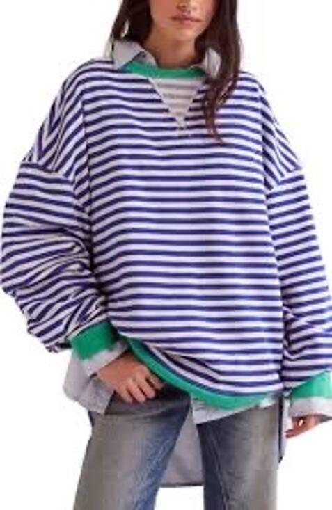 Free People Sweaters - Free People Classic Stripe Oversized Crewneck Blue Green Combo Sz M Cozy Boho